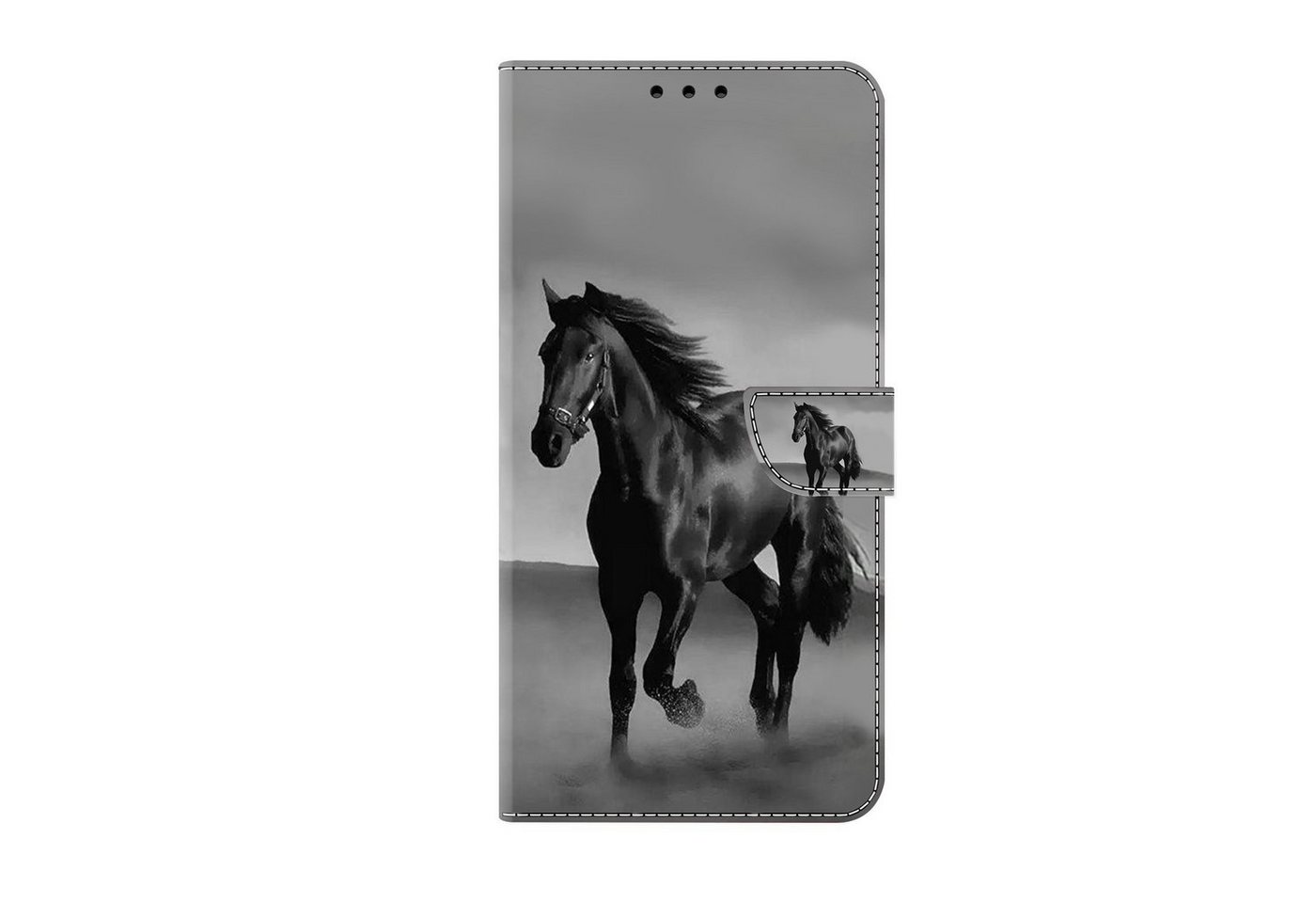 CLM-Tech Handytasche für Samsung Galaxy A16 / A17 5G Hülle aus PU-Leder Klapphülle (Pferd in schwarz grau, Handyhülle mit Standfunktion - Wallet Flip Case inklusive Kartenfächer), Cover mit Magnetverschluss von CLM-Tech