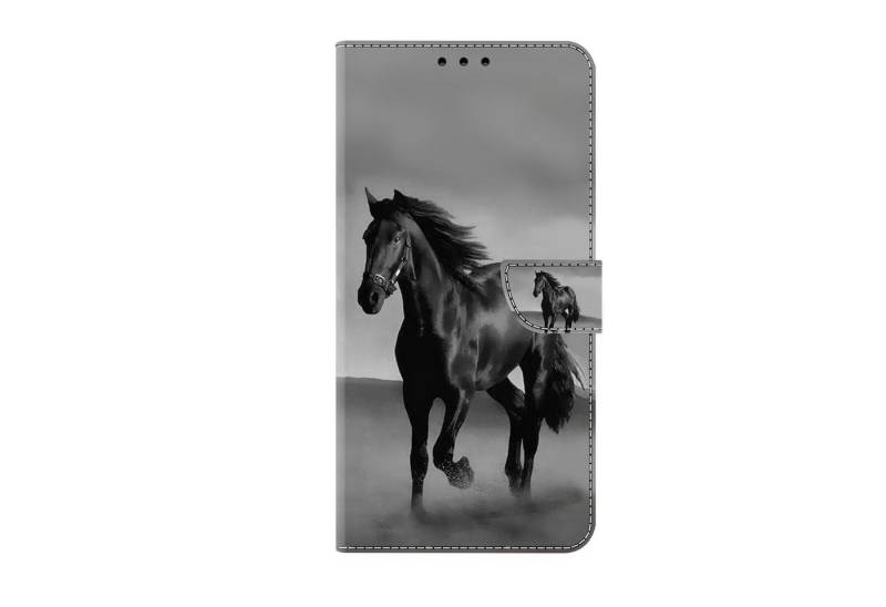 CLM-Tech Handytasche für Samsung Galaxy A16 / A17 5G Hülle aus PU-Leder Klapphülle (Pferd in schwarz grau, Handyhülle mit Standfunktion - Wallet Flip Case inklusive Kartenfächer), Cover mit Magnetverschluss von CLM-Tech