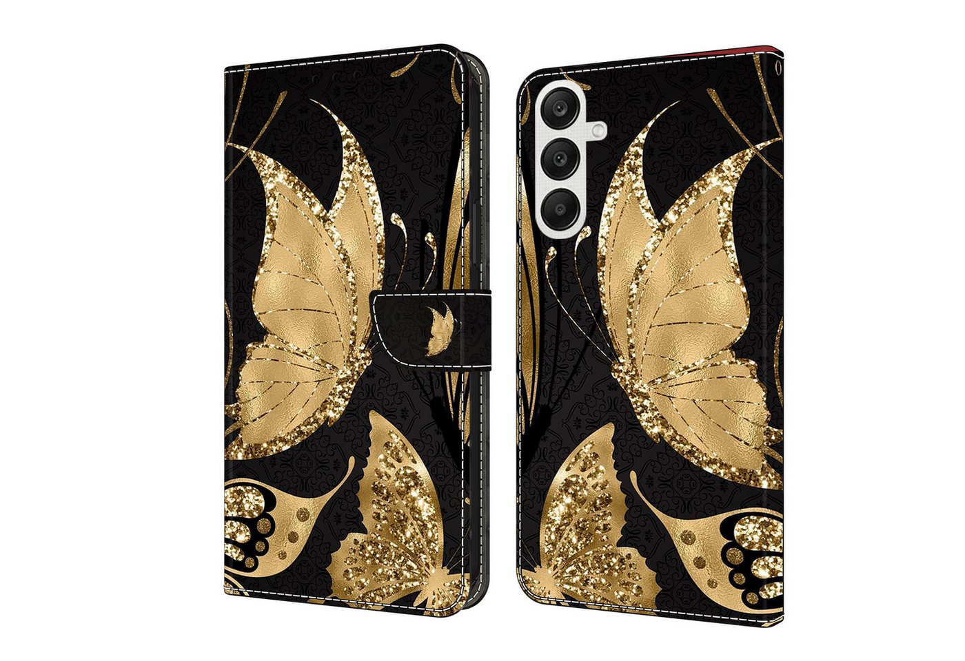 CLM-Tech Handytasche für Samsung Galaxy A16 / A17 5G Hülle aus PU-Leder Klapphülle (goldene Schmetterlinge, Handyhülle mit Standfunktion - Wallet Flip Case inklusive Kartenfächer), Cover mit Magnetverschluss von CLM-Tech