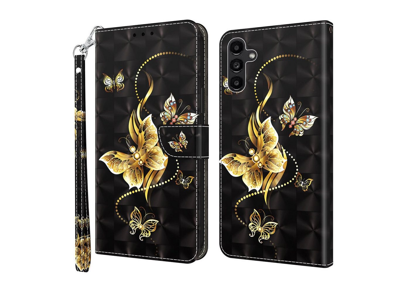 CLM-Tech Handytasche für Samsung Galaxy A16 / A17 5G Hülle aus PU Leder Klapphülle (goldene Schmetterlinge schwarz, Handyhülle mit Standfunktion - Wallet Flip Case inklusive Kartenfächer), Cover mit Magnetverschluss von CLM-Tech