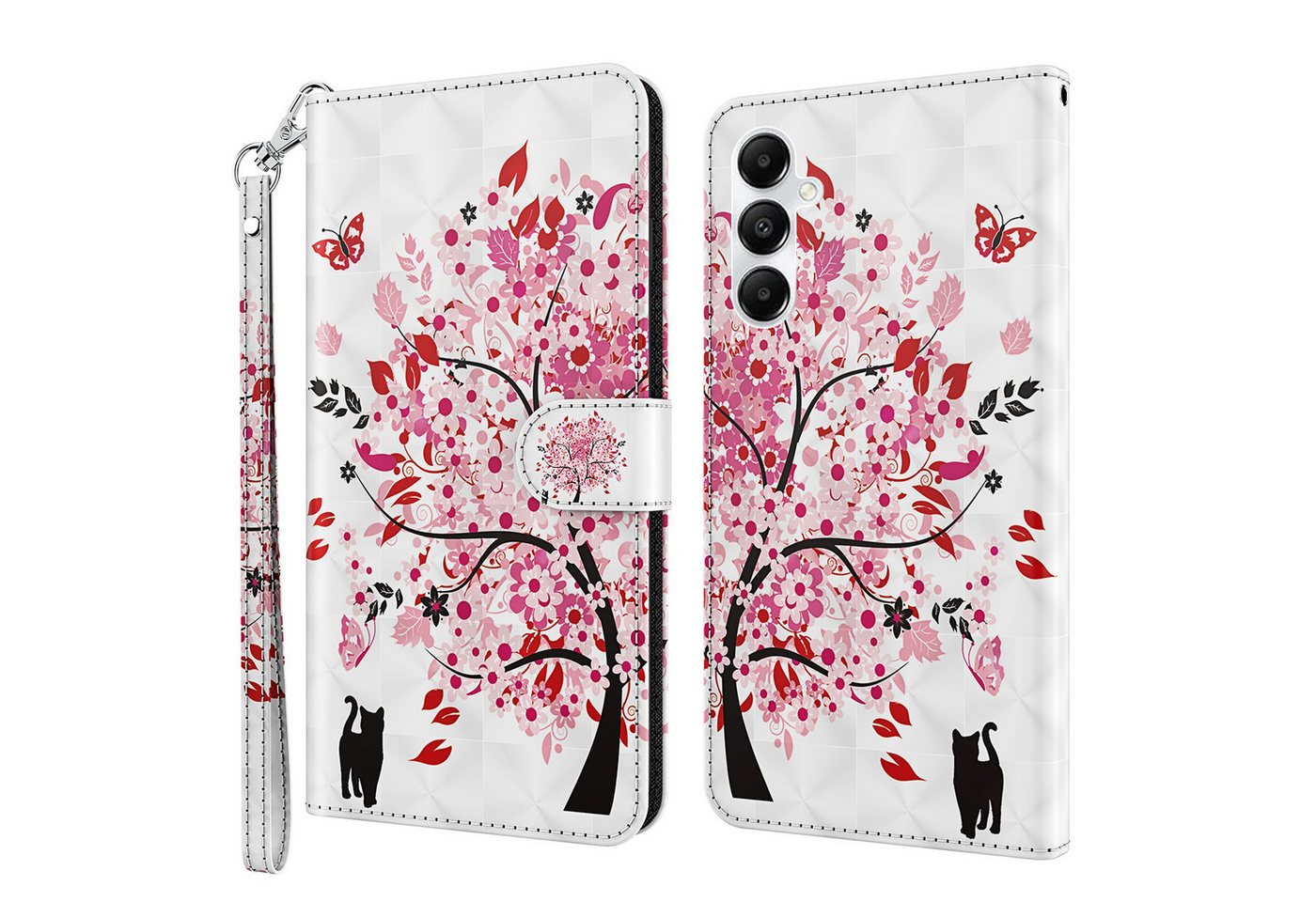 CLM-Tech Handytasche für Samsung Galaxy A16 5G Hülle aus Kunstleder Klapphülle (Baum rosa weiß, Handyhülle mit Standfunktion - Wallet Flip Case inklusive Kartenfächer), Cover mit Magnetverschluss - Samsung Galaxy A16 5G Schutzhülle von CLM-Tech
