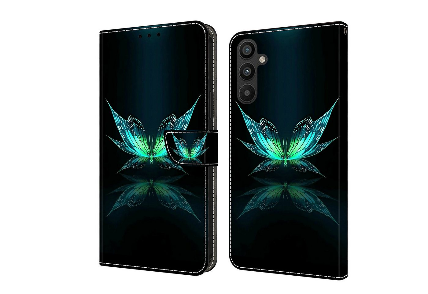CLM-Tech Handytasche für Samsung Galaxy A16 5G Hülle aus Kunstleder Klapphülle (schwarz türkiser Schmetterling, Handyhülle mit Standfunktion - Wallet Flip Case inklusive Kartenfächer), Cover mit Magnetverschluss - Samsung Galaxy A16 5G Schutzhülle von CLM-Tech
