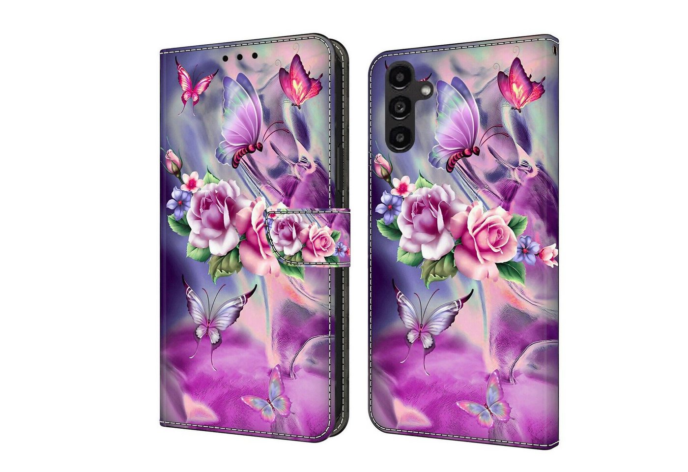 CLM-Tech Handytasche für Samsung Galaxy A25 5G Hülle Tasche aus Kunstleder Klapphülle (lila Blumen Schmetterlinge, Handyhülle mit Standfunktion - Wallet Flip Case inklusive Kartenfächer), - Cover Etui mit Magnetverschluss - Galaxy A25 5G Schutzhülle von CLM-Tech