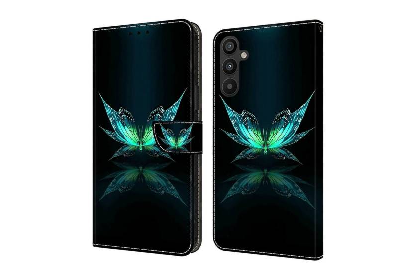 CLM-Tech Handytasche für Samsung Galaxy A35 5G Hülle - Tasche aus Kunstleder Klapphülle (schwarz türkiser Schmetterling, Handyhülle mit Standfunktion - Wallet Flip Case inklusive Kartenfächer), - Cover Etui mit Magnetverschluss - Galaxy A35 5G Schutzhülle von CLM-Tech