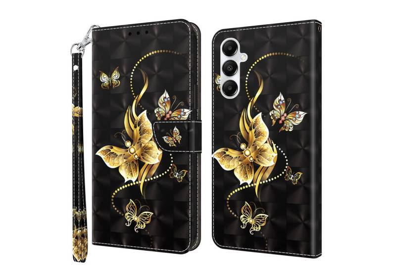 CLM-Tech Handytasche für Samsung Galaxy A36 5G Hülle aus PU-Leder Klapphülle (goldene Schmetterlinge schwarz, Handyhülle mit Standfunktion - Wallet Flip Case inklusive Kartenfächer), Cover mit Magnetverschluss Samsung Galaxy A36 5G Schutzhülle von CLM-Tech
