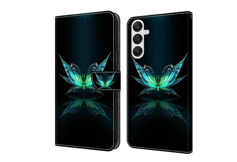 CLM-Tech Handytasche für Samsung Galaxy A36 5G Hülle aus PU-Leder Klapphülle (schwarz türkiser Schmetterling, Handyhülle mit Standfunktion - Wallet Flip Case inklusive Kartenfächer), Cover mit Magnetverschluss Samsung Galaxy A36 5G Schutzhülle von CLM-Tech