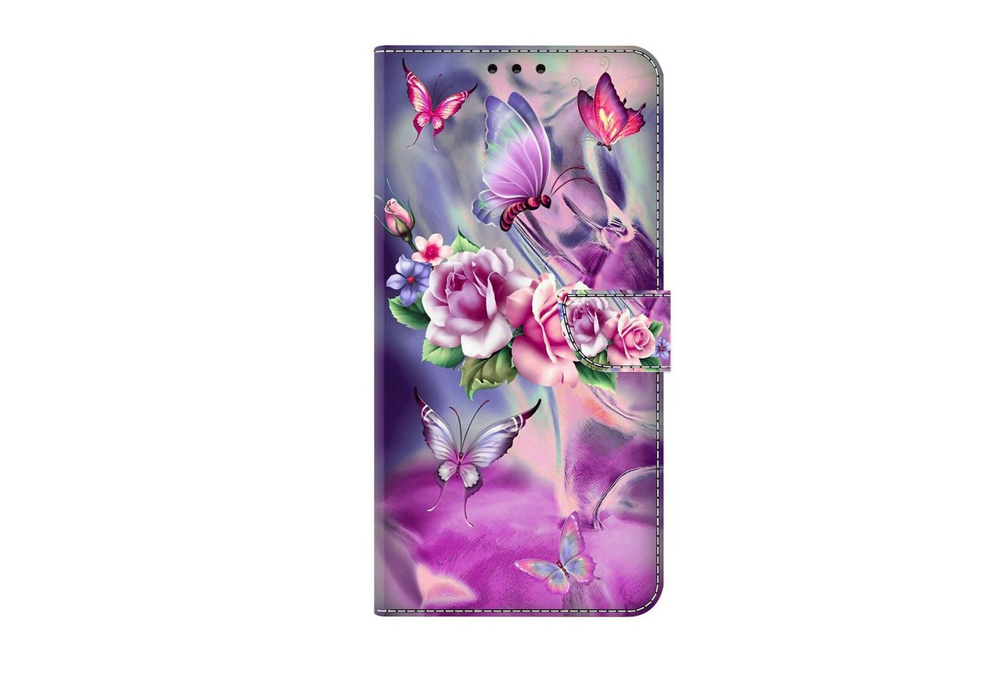 CLM-Tech Handytasche für Samsung Galaxy A54 5G Hülle Tasche aus Kunstleder Klapphülle (lila Blumen Schmetterlinge, Handyhülle Wallet Flip Case Cover Etui), Schutzhülle mit Standfunktion, Kartenfächer und Magnetverschluss von CLM-Tech