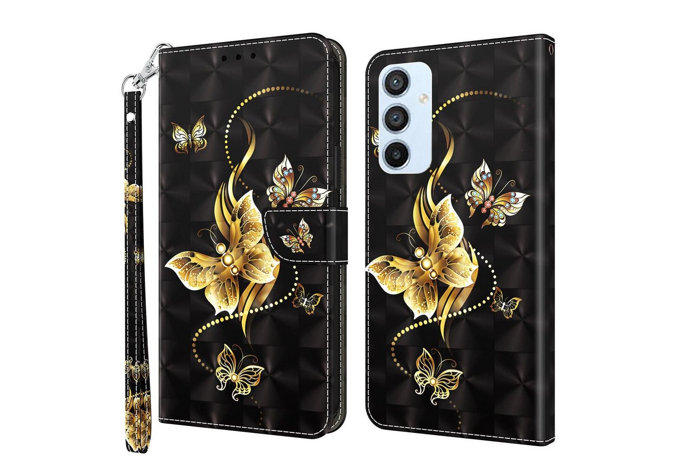 CLM-Tech Handytasche für Samsung Galaxy A54 5G Hülle aus Kunstleder Klapphülle (goldener Schmetterling schwarz, Handyhülle Wallet Flip Case Cover Etui), Schutzhülle mit Standfunktion, Kartenfächer und Magnetverschluss von CLM-Tech