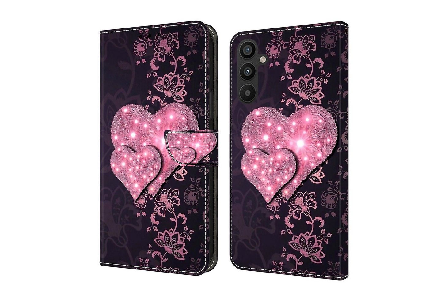 CLM-Tech Handytasche für Samsung Galaxy A54 5G Hülle aus Kunstleder Klapphülle (schwarz rosa Herzen, Handyhülle Wallet Flip Case Cover Etui), Schutzhülle mit Standfunktion, Kartenfächer und Magnetverschluss von CLM-Tech