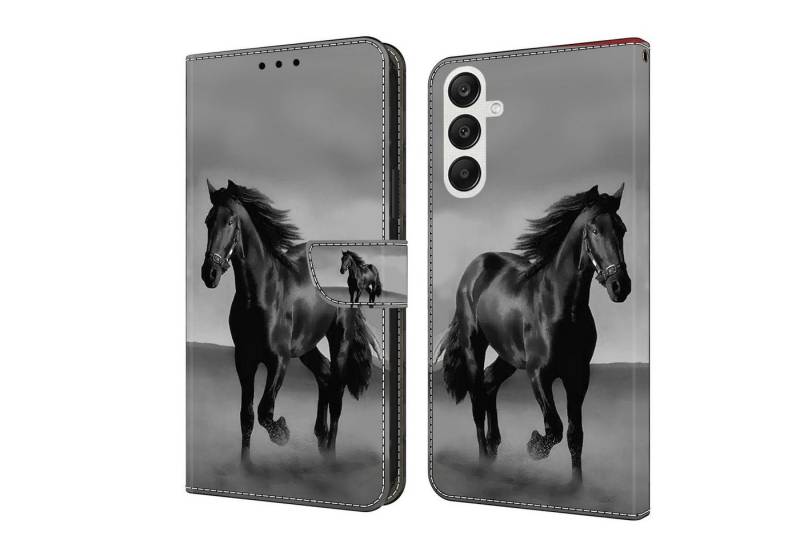 CLM-Tech Handytasche für Samsung Galaxy A56 5G Hülle aus PU-Leder Klapphülle (Pferd in schwarz grau, Schutzhülle mit Standfunktion, Kartenfächern), und Magnetverschluss von CLM-Tech