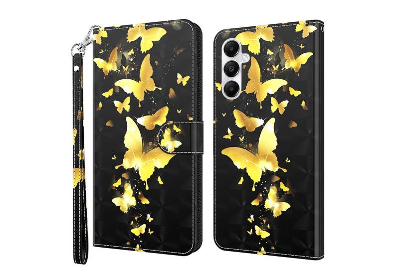 CLM-Tech Handytasche für Samsung Galaxy A56 5G Hülle aus PU-Leder Klapphülle (Schmetterlinge gold schwarz, Handyhülle mit Standfunktion - Wallet Flip Case inklusive Kartenfächer), Cover mit Magnetverschluss Samsung Galaxy A56 5G Schutzhülle von CLM-Tech