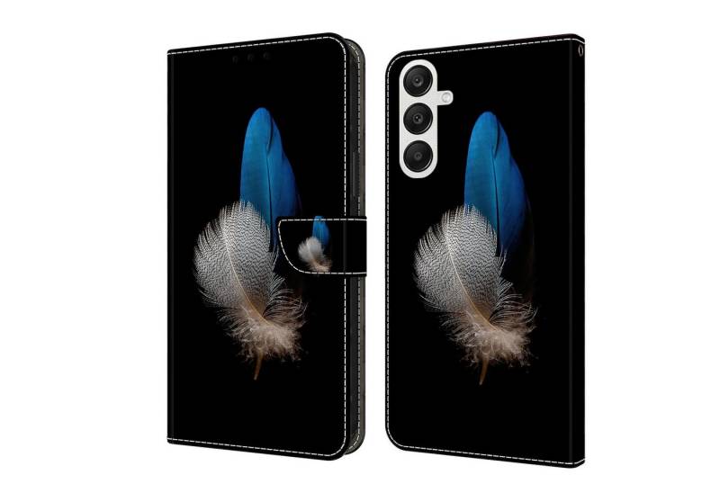 CLM-Tech Handytasche für Samsung Galaxy A56 5G Hülle aus PU-Leder Klapphülle (zwei Federn blau und weiß, Handyhülle mit Standfunktion - Wallet Flip Case inklusive Kartenfächer), Cover mit Magnetverschluss Samsung Galaxy A56 5G Schutzhülle von CLM-Tech