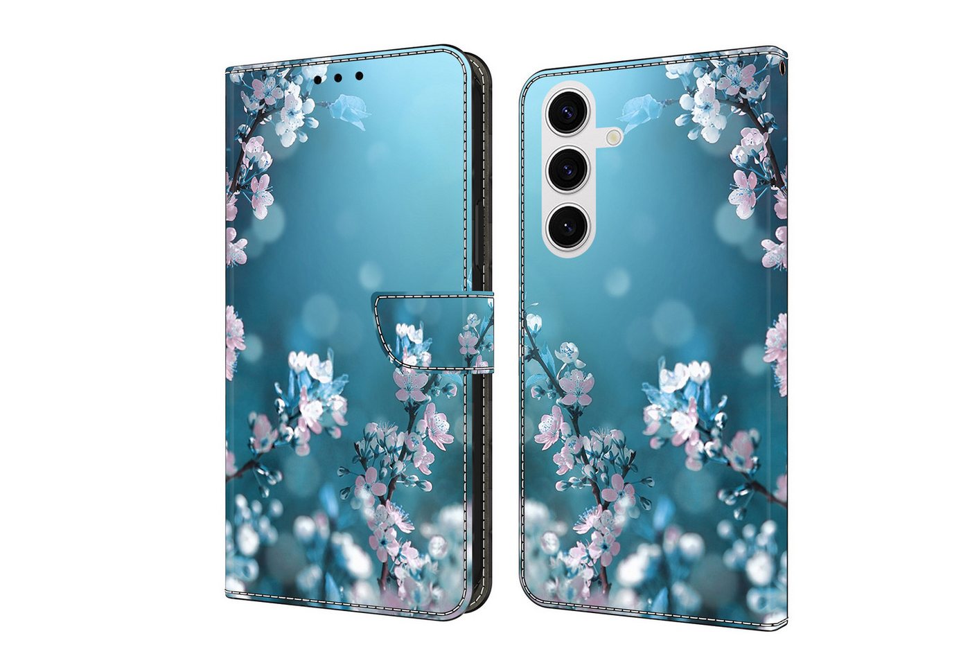 CLM-Tech Handytasche für Samsung Galaxy S24 FE Hülle aus Kunstleder Klapphülle (Pflaumenblüte blau, Handyhülle mit Standfunktion - Wallet Flip Case inklusive Kartenfächer), mit Magnetverschluss - Samsung Galaxy S24 FE 6,7 Zoll Schutzhülle von CLM-Tech