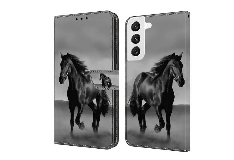 CLM-Tech Handytasche für Samsung Galaxy S24 Hülle Tasche aus Kunstleder Klapphülle (Pferd schwarz grau, Handyhülle Wallet Flip Case Cover Etui), Schutzhülle mit Standfunktion, Kartenfächer, und Magnetverschluss von CLM-Tech