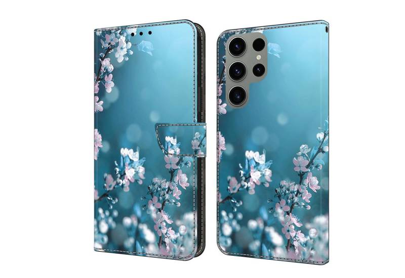 CLM-Tech Handytasche für Samsung Galaxy S24 Ultra Hülle Tasche aus Kunstleder Klapphülle (Pflaumenblüte blau, Handyhülle mit Standfunktion - Wallet Flip Case inklusive Kartenfächer), Cover Etui mit Magnetverschluss - Galaxy S24 Ultra Schutzhülle von CLM-Tech