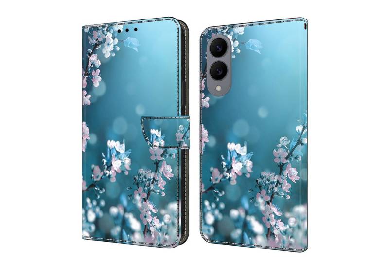 CLM-Tech Handytasche für Samsung Galaxy S25 Edge Hülle aus PU-Leder Klapphülle (Pflaumenblüte blau, Handyhülle mit Standfunktion - Wallet Flip Case inklusive Kartenfächer), Cover Magnetverschluss - Samsung Galaxy S25 Edge Schutzhülle von CLM-Tech