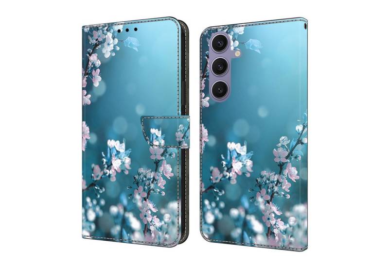 CLM-Tech Handytasche für Samsung Galaxy S25 Hülle aus PU-Leder Klapphülle (Pflaumenblüte blau, Handyhülle mit Standfunktion - Wallet Flip Case inklusive Kartenfächer), Cover mit Magnetverschluss - Samsung Galaxy S25 Schutzhülle von CLM-Tech