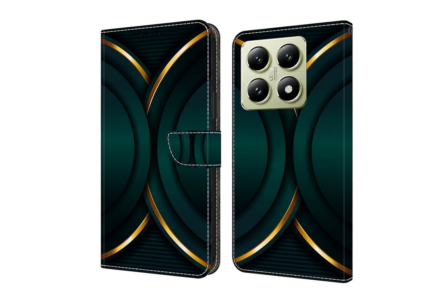 CLM-Tech Handytasche für Xiaomi 14t Hülle aus Kunstleder Klapphülle (goldener Rand Kontur, Handyhülle mit Standfunktion - Wallet Flip Case inklusive Kartenfächer), - Cover mit Magnetverschluss - Xiaomi 14t Schutzhülle von CLM-Tech