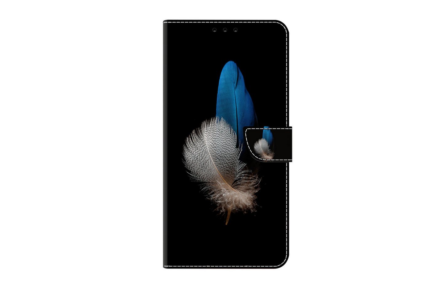 CLM-Tech Handytasche für Xiaomi Redmi Note 12 Pro 5G Hülle Tasche aus Kunstleder Klapphülle (schwarz 2 Federn blau und weiß, Handyhülle Wallet Flip Case Cover Etui), Schutzhülle mit Standfunktion, Kartenfächer, und Magnetverschluss von CLM-Tech
