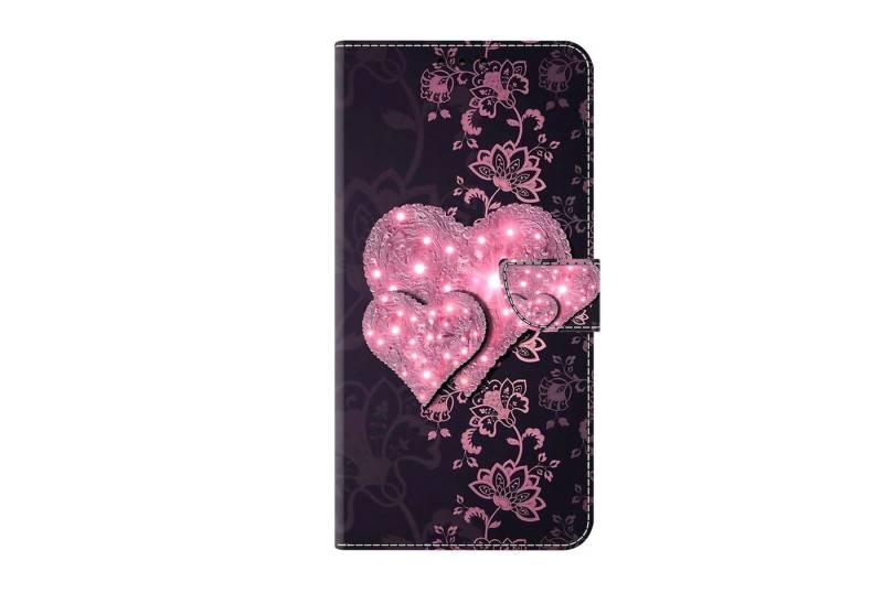 CLM-Tech Handytasche für Xiaomi Redmi Note 12 Pro 5G Hülle Tasche aus Kunstleder Klapphülle (schwarz rosa Herzen, Handyhülle Wallet Flip Case Cover Etui), Schutzhülle mit Standfunktion, Kartenfächer, und Magnetverschluss von CLM-Tech