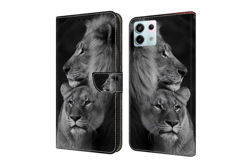 CLM-Tech Handytasche für Xiaomi Redmi Note 13 Pro 5G Hülle Tasche aus Kunstleder Klapphülle (Löwe schwarz grau, Handyhülle Wallet Flip Case Cover Etui), Schutzhülle mit Standfunktion, Kartenfächer, und Magnetverschluss von CLM-Tech