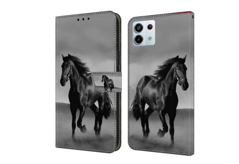 CLM-Tech Handytasche für Xiaomi Redmi Note 13 Pro 5G Hülle Tasche aus Kunstleder Klapphülle (Pferd schwarz grau, Handyhülle Wallet Flip Case Cover Etui), Schutzhülle mit Standfunktion, Kartenfächer, und Magnetverschluss von CLM-Tech