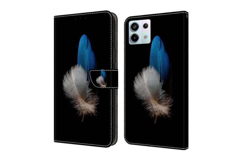 CLM-Tech Handytasche für Xiaomi Redmi Note 13 Pro 5G Hülle Tasche aus Kunstleder Klapphülle (zwei Federn blau und weiß, Handyhülle Wallet Flip Case Cover Etui), Schutzhülle mit Standfunktion, Kartenfächer, und Magnetverschluss von CLM-Tech