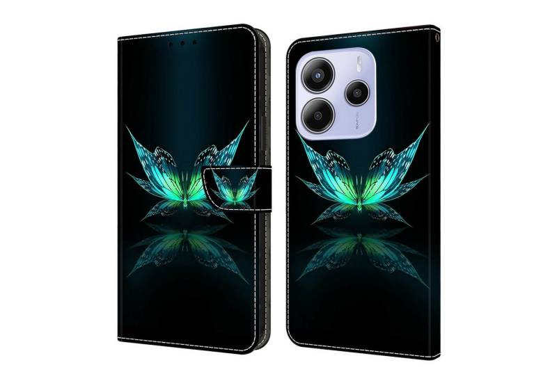 CLM-Tech Handytasche für Xiaomi Redmi Note 14 4G Hülle aus PU-Leder Klapphülle (schwarz türkiser Schmetterling, Handyhülle mit Standfunktion - Wallet Flip Case inklusive Kartenfächer), Cover mit Magnetverschluss Schutzhülle von CLM-Tech