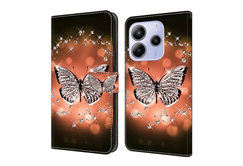 CLM-Tech Handytasche für Xiaomi Redmi Note 14 5G Hülle aus PU-Leder Klapphülle (Schmetterling Diamanten Muster, Handyhülle mit Standfunktion - Wallet Flip Case inklusive Kartenfächer), Cover mit Magnetverschluss Xiaomi Redmi Note 14 5G Schutzhülle von CLM-Tech