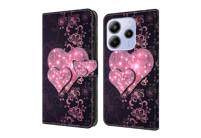 CLM-Tech Handytasche für Xiaomi Redmi Note 14 5G Hülle aus PU-Leder Klapphülle (rosa Herzen, Handyhülle mit Standfunktion - Wallet Flip Case inklusive Kartenfächer), Cover mit Magnetverschluss Xiaomi Redmi Note 14 5G Schutzhülle von CLM-Tech