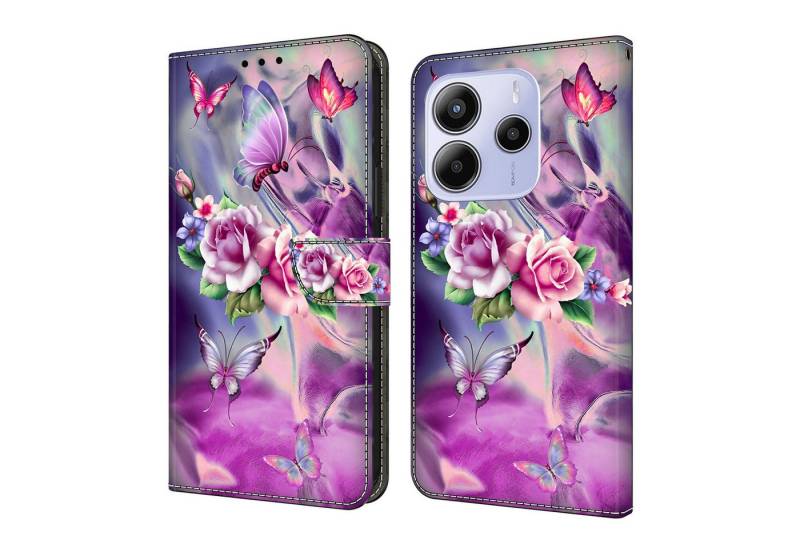 CLM-Tech Handytasche für Xiaomi Redmi Note 14 5G Hülle aus PU-Leder Klapphülle (lila Blumen Schmetterlinge, Handyhülle mit Standfunktion - Wallet Flip Case inklusive Kartenfächer), Cover mit Magnetverschluss Xiaomi Redmi Note 14 5G Schutzhülle von CLM-Tech