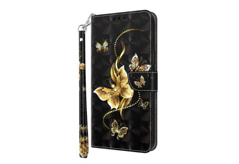 CLM-Tech Handytasche für Xiaomi Redmi Note 14 PRO 5G Hülle aus PU-Leder Klapphülle (goldene Schmetterlinge schwarz, Handyhülle mit Standfunktion - Wallet Flip Case inklusive Kartenfächer), Cover mit Magnetverschluss - Xiaomi Redmi Note 14 Pro 5G Schutzhülle von CLM-Tech