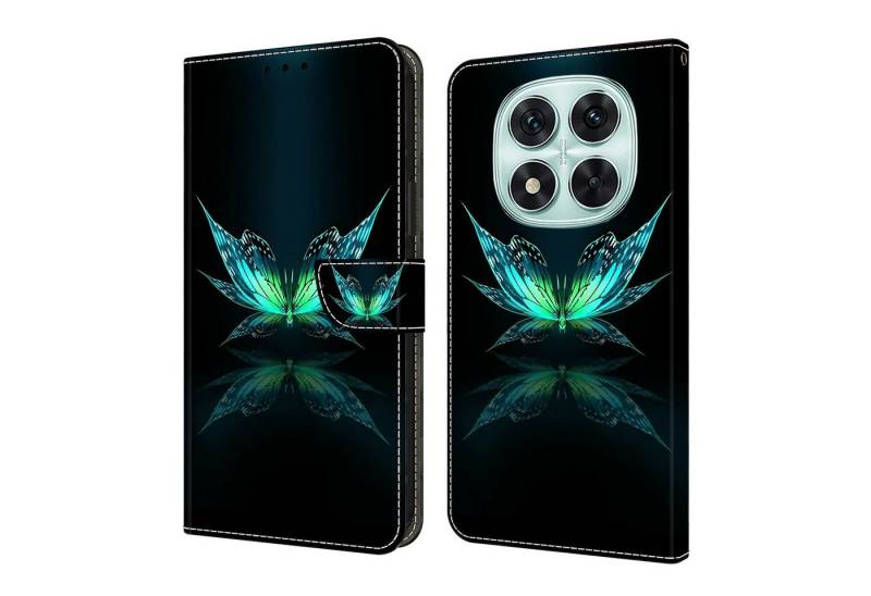 CLM-Tech Handytasche für Xiaomi Redmi Note 14 PRO 5G Hülle aus PU-Leder Klapphülle (schwarz türkiser Schmetterling, Handyhülle mit Standfunktion - Wallet Flip Case inklusive Kartenfächer), Cover mit Magnetverschluss für Xiaomi Redmi Note 14 Pro 5G / 4G von CLM-Tech