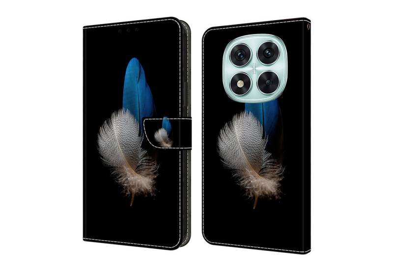 CLM-Tech Handytasche für Xiaomi Redmi Note 14 PRO 5G Hülle aus PU-Leder Klapphülle (zwei Federn blau und weiß, Handyhülle mit Standfunktion - Wallet Flip Case inklusive Kartenfächer), Cover mit Magnetverschluss für Xiaomi Redmi Note 14 Pro 5G / 4G von CLM-Tech