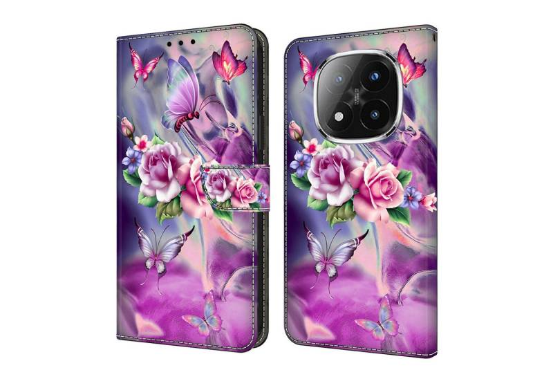 CLM-Tech Handytasche für Xiaomi Redmi Note 14 Pro PLUS 5G Hülle aus PU-Leder Klapphülle (lila Blumen Schmetterlinge, Handyhülle mit Standfunktion - Wallet Flip Case inklusive Kartenfächer), Cover mit Magnetverschluss Xiaomi Redmi Note 14 Pro+ 5G Schutzhülle von CLM-Tech