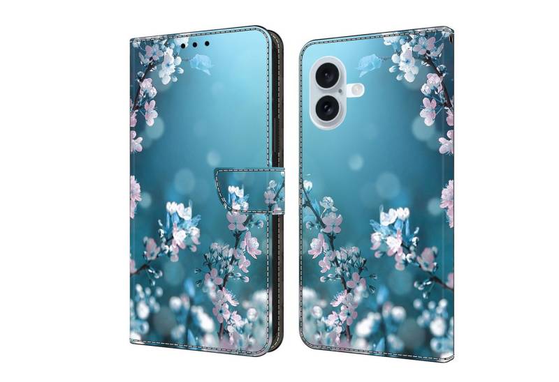 CLM-Tech Handytasche für iPhone 16 Plus Hülle aus Kunstleder Klapphülle (Pflaumenblüte blau, Handyhülle mit Standfunktion - Wallet Flip Case inklusive Kartenfächer), - Cover mit Magnetverschluss - iPhone 16 Plus 6,7 Zoll Schutzhülle von CLM-Tech