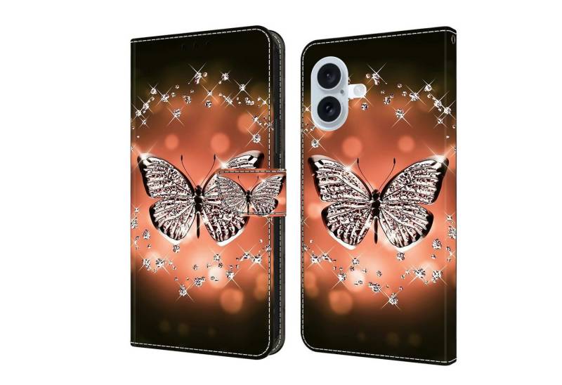 CLM-Tech Handytasche für iPhone 16 Plus Hülle aus Kunstleder Klapphülle (Schmetterling Diamanten Muster, Handyhülle mit Standfunktion - Wallet Flip Case inklusive Kartenfächer), - Cover mit Magnetverschluss - iPhone 16 Plus 6,7 Zoll Schutzhülle von CLM-Tech