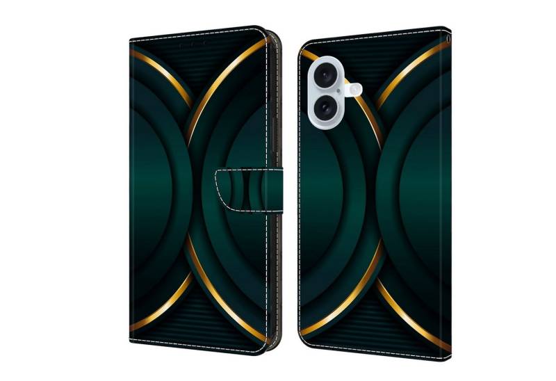CLM-Tech Handytasche für iPhone 16 Plus Hülle aus Kunstleder Klapphülle (goldener Rand Kontur, Handyhülle mit Standfunktion - Wallet Flip Case inklusive Kartenfächer), - Cover mit Magnetverschluss - iPhone 16 Plus 6,7 Zoll Schutzhülle von CLM-Tech
