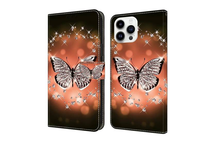 CLM-Tech Handytasche für iPhone 16 Pro Hülle aus Kunstleder Klapphülle (Schmetterling Diamanten Muster, Handyhülle mit Standfunktion - Wallet Flip Case inklusive Kartenfächer), - Cover mit Magnetverschluss - iPhone 16 Pro 6,3 Zoll Schutzhülle von CLM-Tech