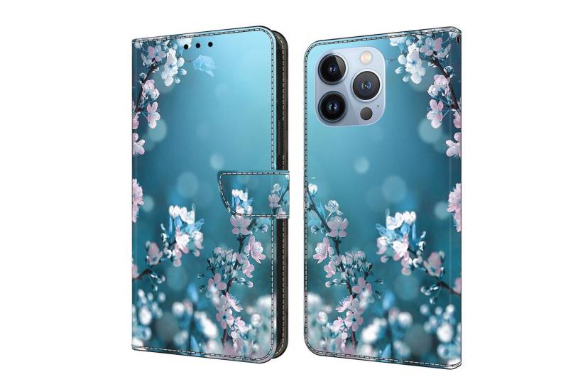 CLM-Tech Handytasche für iPhone 16 Pro Max Hülle aus Kunstleder Klapphülle (Pflaumenblüte blau, Handyhülle mit Standfunktion - Wallet Flip Case inklusive Kartenfächer), - Cover mit Magnetverschluss - iPhone 16 Pro Max 6,9 Zoll Schutzhülle von CLM-Tech