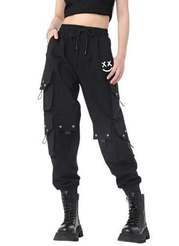CLOAKA Cargohose Damen Hosen Jogginghose Hose Baggy Weites Bein Y2k Pants Outdoor High Waist Stretch Cargo Techwear Streetwear Bequeme Große Größen Gothic Breite Gummizug Cargohosen Print Schwarz XL von CLOAKA