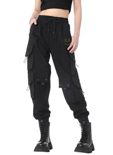 CLOAKA Cargohose Damen Hosen Jogginghose Hose Baggy Weites Bein Y2k Pants Outdoor High Waist Stretch Cargo Techwear Streetwear Bequeme Große Größen Gothic Breite Gummizug Cargohosen Schwarz Grün 2XL von CLOAKA