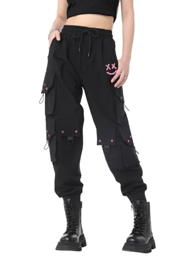 CLOAKA Cargohose Damen Hosen Jogginghose Hose Baggy Weites Bein Y2k Pants Outdoor High Waist Stretch Cargo Techwear Streetwear Lockere Lang Große Größen Gothic Gummizug Cargohosen Schwarz Rosa L von CLOAKA