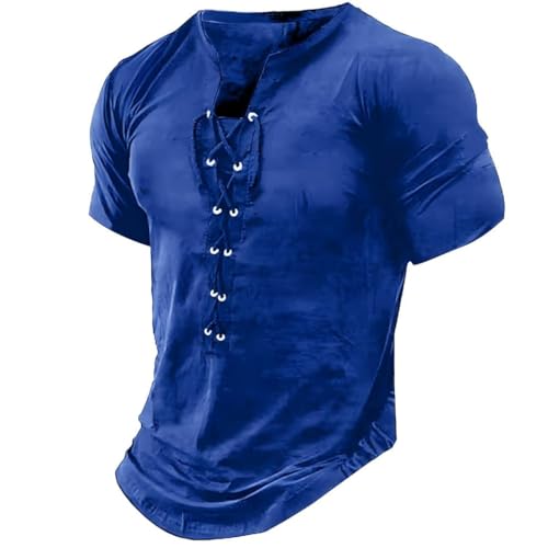CLOAKA Hemd Herren Kurzarm Sommer Retro V Neck T Shirt Lace Up Classics Poloshirts für Herren Bequem Freizeithemd Moda von CLOAKA