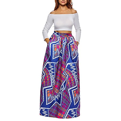 CLOCOLOR Damen Sommerrock Bodenlangen Fashion Persönlichkeit Afrikanisch Röcke Boho lange Maxi Rock Blumen Pocket Kleid Lila XL von CLOCOLOR