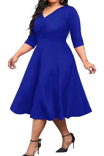 CLOCOR Damen-Midikleid, Übergröße, 3/4-Ärmel, A-Linie, Swing-Kleid, V-Ausschnitt, fließend, Freizeitkleider, Blau, XX-Large von CLOCOR