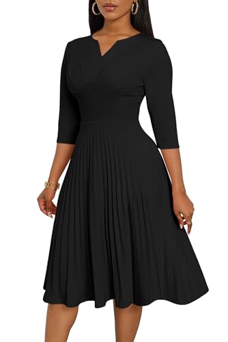 CLOCOR Midi-Kleider für Damen, lässiges Wickelkleid, ausgestelltes Plisseekleid, A-Linie, 3/4-Ärmel, V-Ausschnitt, Kirche, Cocktailkleid, Hochzeitsgästekleid, Schwarz (3), X-Groß von CLOCOR