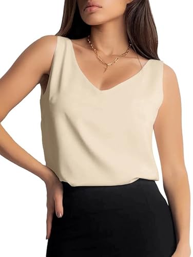 CLOCOR Lässiges Damen-Tank-Top, Blusen, V-Ausschnitt, ärmellos, lässig, lockere Passform, Cami-Weste, Sommer, elegant, Basic-Tops, Shirts, Champagner, Mittel von CLOCOR