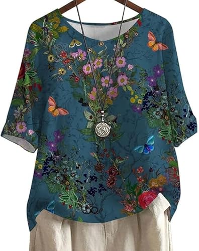 Women's Large Size Slant Button T Shirt Small Floral Pattern Printed Loose Casual Shirt Top（blau，4XL von CLOOCL
