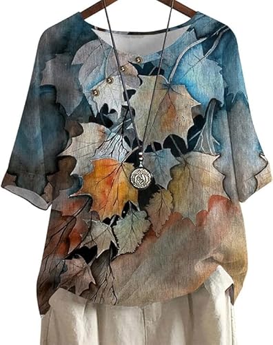Women's Plus Size Shirt Small Floral Maple Leaf Pattern Printed Loose Casual Slash Button T Shirt Tops（Ahornblatt，3XL von CLOOCL